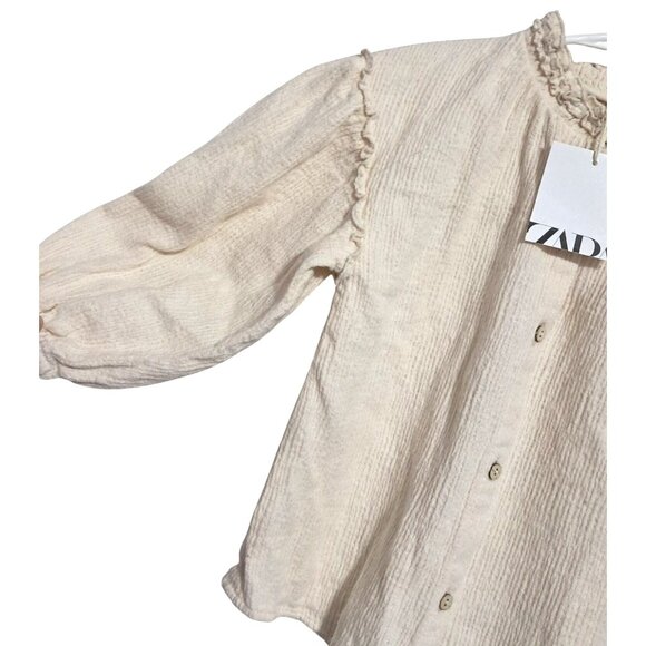 ZARA Girls Blouse Size 3-4 Cream Cotton Puff Sleeve Button Down Top With Ruffle - Picture 7 of 9